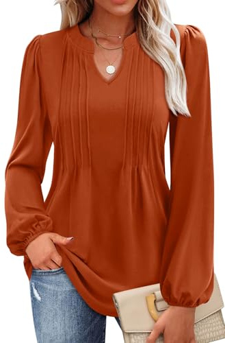 IVIR Women's V Neck Puff Long Sleeve T Shirts Pleated Casual Loose Tunic Blouse Rust L
