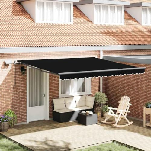 Mokuyary Infällbar markis svart 400 × 350 cm tyg, klämmarkis med handvev, balkongmarkis solskydd för balkong terrass trädgård veranda