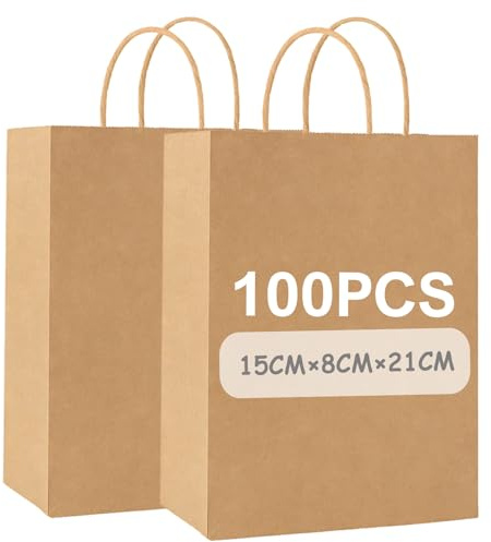 Gaoyong 100 Bolsas Papel Kraft 15x8x21cm Bolsas de Papel Pequeñas con Asa