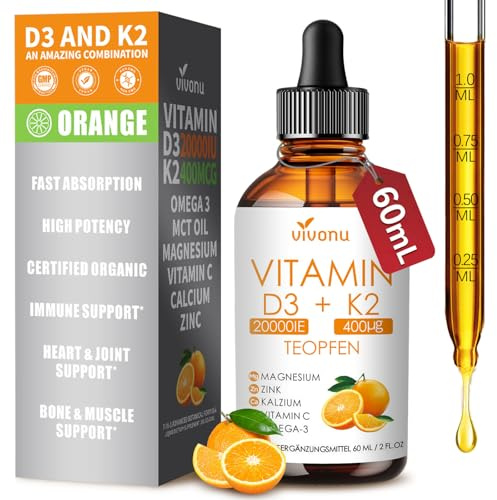Vitamine D3 K2 20000 UI avec MK7-300 en Huile de coco vierge | Soutient l'Absorption du Calcium, et la Santé des Os, du Système Immunitaire et du Cœu - 60 ml