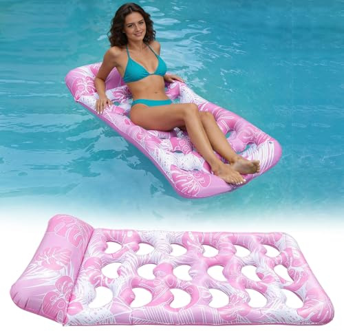 Uppblåsbara poolfenor – uppblåsbar luftmadrass, pool i rosa, flytande matta med nackstöd för vuxna, vattenluftmadrass för pool, hav och strand