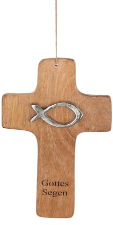 CULT at home kors vägg träkors krucifix väggkors – med fisk och välsignelse – av mangoträ naturfärger – 13 x 19 cm