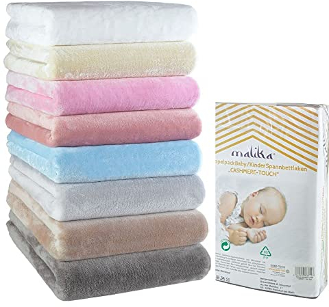 MALIKA® Jersey Cashmere-Touch Plüsch Kinder Spannbettlaken für Kindermatratze Kinderbett 60x120-70x140 Spannbetttuch Bettlaken, Farbe:Weiss, Größe:Doppelpack