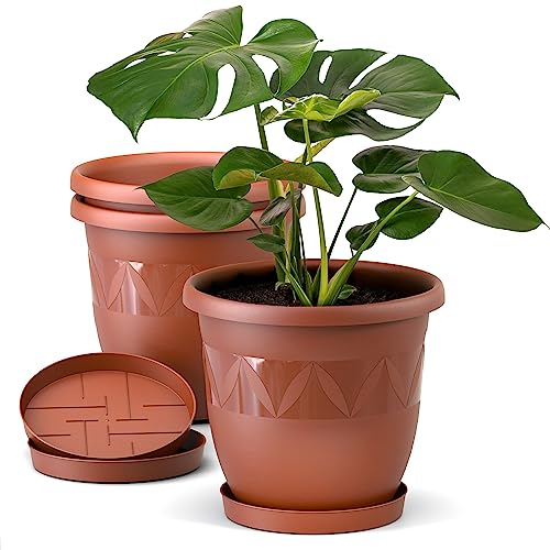 Blumentopf 3er Set 35 cm Durchmesser Terrakotta runder Pflanzkübel mit Untersetzer aus Kunststoff witterungsbeständiger Übertopf großer Pflanztopf Kräutertopf für Innen und Außen