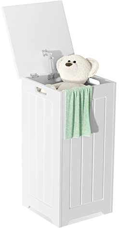 COSTWAY Wäscheschrank freistehend, Wäschetruhe Holz, Wäschesammler mit Deckel, Lagerschrank Badezimmer, Badezimmerschrank, Badschrank weiß