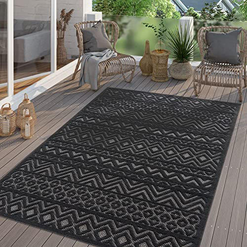 TT Home In-& Outdoor Teppich Wetterfest Balkon Küche Wohnzimmer Boho Skandi Design, Farbe: Dunkelgrau, Größe:240x340 cm