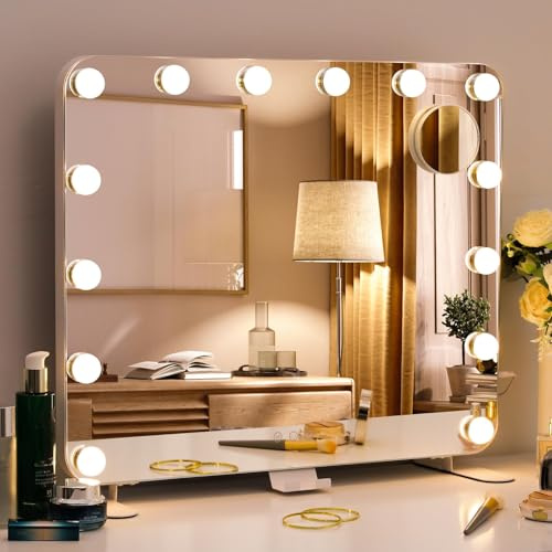 Hollywood Sminkspegel med Belysning, 60x50 cm Sminkspegel med 14 dimbara LED-lampor, 3 färglägen, LED Spegel, Med USB laddningsport och mobiltelefonhållare, Bordsspegel väggspegel