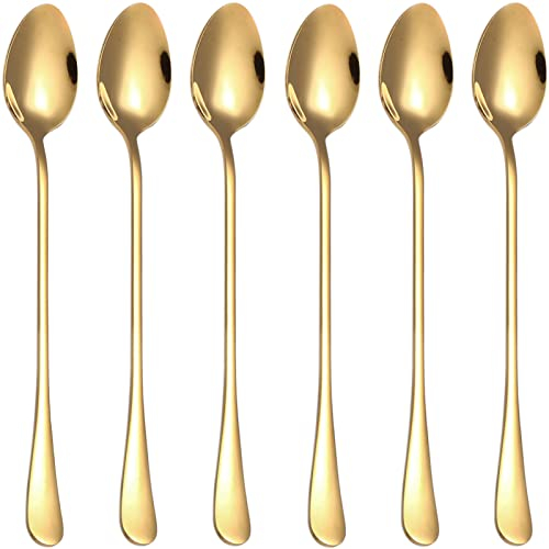 VUL Latte Spoons,Set of 6 Long Handle Spoons,19cm Stainless Steel Coffee Spoons, Ice Tea Spoons, Espresso Spoons, Dessert Spoons for Coffee Tea Dessert Sundae(Gold), (V6S-GOID)