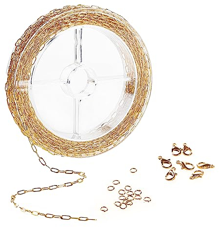 Siumir 12 Meter x 2mm Goldene Kabel Gliederkette DIY Chain mit 100 Biegeringen und 30 Karabinerverschlüsse Schmuck Zubehör