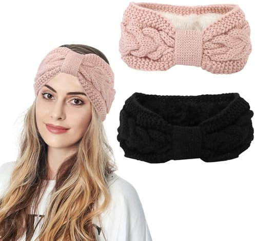 2pcs Winter Knitted Headband, Women's Bow Braided Hair Band Wraps Thick Hairband Thermal Wide Headbands for Skiing Running Outdoor (Black+Pink)