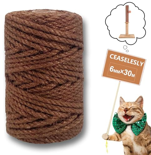 CEASELESLY 6mm*30m Jute Corde,Naturel Corde pour Arbre à Chats,Corde en sisal pour Chats pour Réparation et Remplacement de Chat Scratch Pilier, Arbres à Chat,Décoration de Jardin et Maison