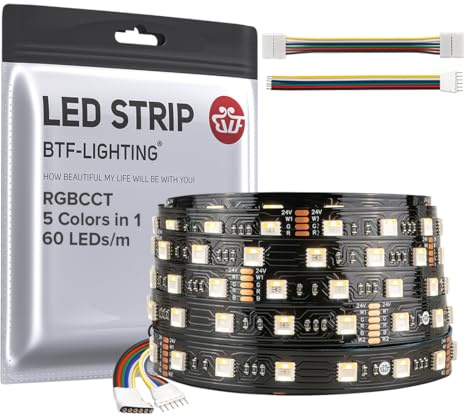 BTF-belysning RGBCCT 5 färger i 1 5050SMD LED-remsa DC24V 5M 60LEDs/m 300LED RGB+varmvit svart PCB IP30 icke-vattentät för inomhusdekoration (kontroll och strömförsörjning ingår inte)
