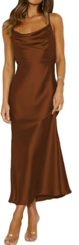 Mogidol, Abito Estivo in Raso con Spalline Sottili, Scollo a Cappuccio e Schiena Scoperta, Elegante Abito da Cocktail con Arricciatura sulla Schiena e Lacci, Marrone, S