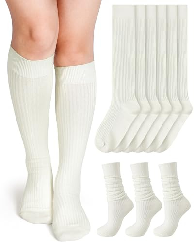Shihanee 3 Pairs Winter Women Knee High Socks Long Ribbed Knit Slouchy Boot Socks Warm Gifts for Women Girls(Cream)