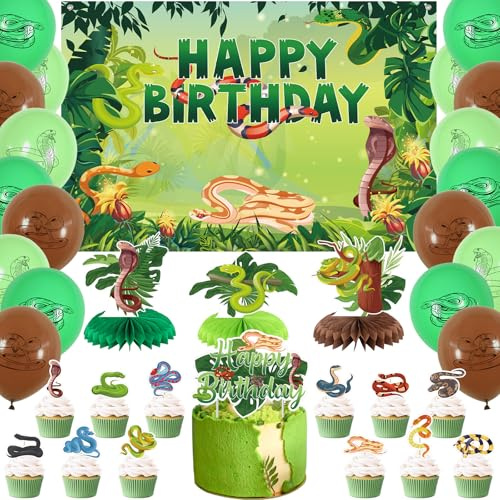 Obussgar orm födelsedag partydekorationer – snake partytillbehör inklusive Happy Birthday-bakgrund, spiraler, tårttoppar, bord centerpieces, ballonger (BJ)