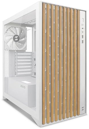 Zolyd Dynaria - Caja ATX con Panel Frontal de Madera, Cristal Templado, Ventilación Optimizada, 3 Ventiladores incluidos, Compatible con Refrigeración Líquida hasta 390mm, USB 3.0, Color Blanco