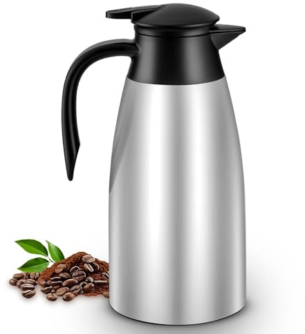 Nymblis 2L 2L Thermal Coffee Jug, Insulated Coffee Carafe Pot with Brush, Double-Walled Thermal Insulated Teapot, Stainless Steel Thermal Jug for Hot & Cold Drink, Tea, Milk, Water (Silver)