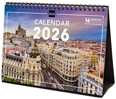Finocam – Calendrier de bureau 2026 1 Mois par page Janvier – Décembre 2026 + Sept.-Déc. 2025 (4 mois) réduits | Calendrier 2026 | Images Madrid – International