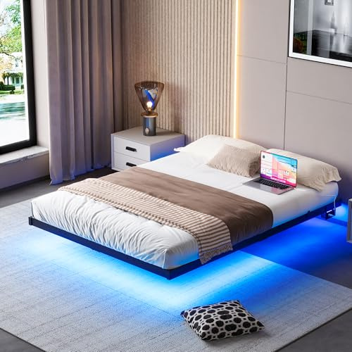 BORPHOM Double Bed Frame Floating Bed Frame with LED Lights,4ft6 Metal Platform Bed Frame Double Size Bed Base with Charging Station,Reinforced Steel Slats/Under-bed Storage/Noise Free/Black