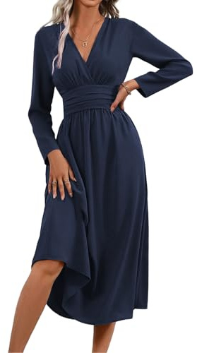 LIAMERHE Robe Hiver/Été Femme Élégante Col en V Manches Longues/Courtes Robes Casual Solide Taille Haute Ligne A Robe Longue Robe de Mariage Décontractée