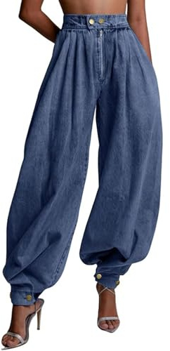 yoeasy Womens Zipper Jeans High Waisted Loose Harem Trousers Baggy Wide Leg Vintage Balloon Casual Denim Pants, Dark Blue, XXL