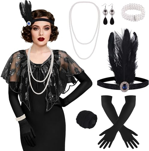 ELECLAND 10 Pièces Années 1920 Flapper Great Gatsby Accessoires Set Mode Roaring 20's Theme Set avec Bandeau Bandeau Long Gants Noirs Collier Boucles d'Oreilles pour Femme (Black, Style 3)