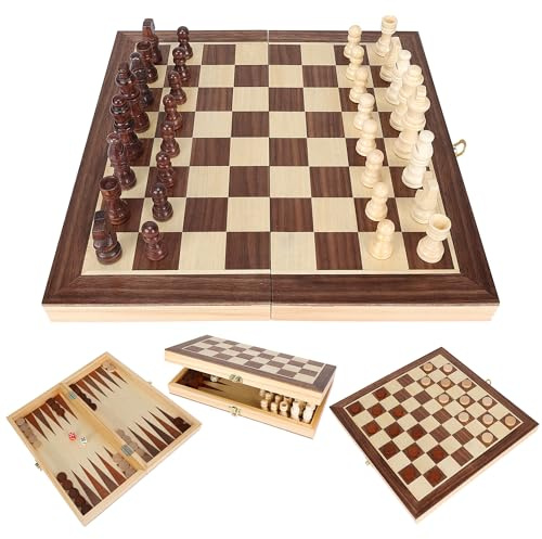 Offelec 3-in-1 Folding Chess Board Set, Wooden Chess Checkers and Backgammon Game Set for Adults Kids & Family, Portable Travel Board with Game Pieces Storage | Classic Strategy Board Games