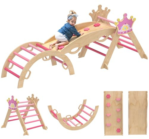 AIYAPLAY 8-in-1 Montessori Klettergerüst Indoor Holz Kletterdreieck mit Kletterbogen, Rutsche, Kronenmotiv, Indoor Spielplatz mit Rampe, Schaukelbogen, für Kinder von 1,5-4 Jahre, Rosa