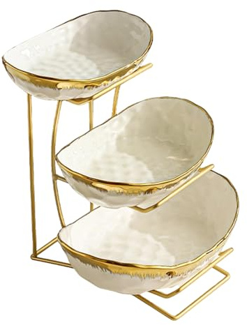 Kiss Me 3 Tier Fruit Bowl Ceramic Food Basket With Metal Stand For Counter | 3 Tier Design For Fruit Storage, Snack, Nuts, Cake, Dessert, Party, Wedding Holder(3-Tier Gold)