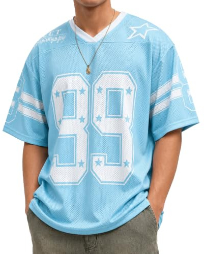 HAWILAND Men's Mesh Short Sleeve V Neck Jersey Tops Graphic Basketball Football Oversized Tee T Shirt Blue X-Large