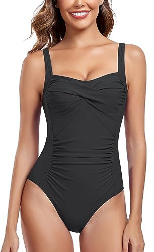 Joweechy Womens One Piece Swimsuit Tummy Control Swimming Costume Vintage Twist Ruched Swimwear Bathing Suit Black,M