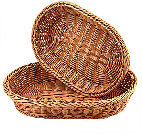 WANDIC Vävd korg, 2 st poly-flätat bröd förvaringskorgar för mat fruktgrönsaker, grund butik stormarknad visning servering restaurang hem kök, oval/brun (35 x 25 x 7 cm/30 x 20 x 7 cm)