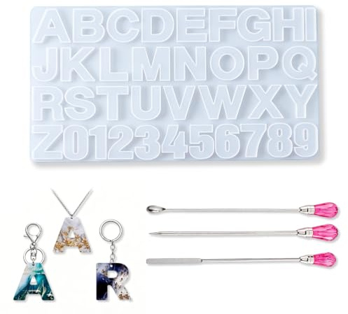 Hoshisea Moldes Resina Epoxi Letras, Moldes de Silicona con Letras, con Agitador, Molde de Silicona, para Manualidades Joyería DIY, Colgante, Joyería, Llavero.