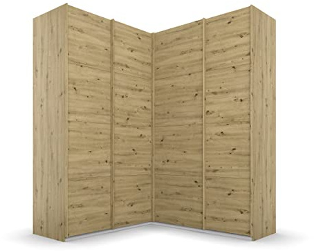 Rauch Möbel Quadra - Armadio angolare con ante sospese, in legno di quercia, 4 porte, con 2 aste appendiabiti, 12 ripiani, 181 x 229 x 187 cm