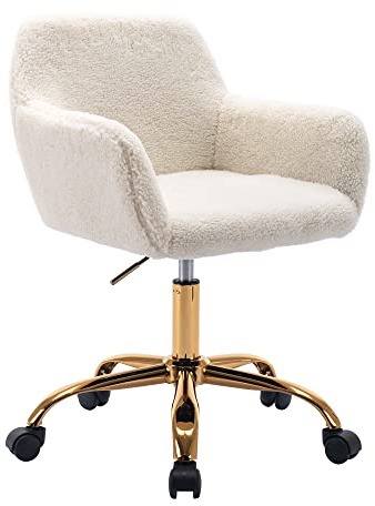 KCC Faux Fur Office Desk Chair, Comfy Swivel Armchair with Wheels, Upholstered Fuzzy Vanity Chair, Adjustable Height, White