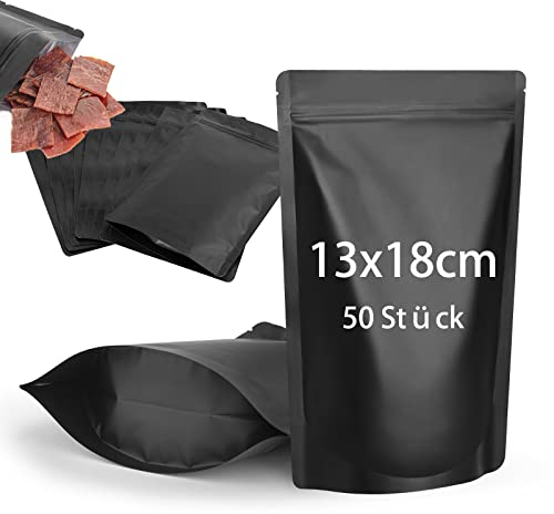 CANLENPK - 50 sacchetti in Mylar richiudibili, con chiusura lampo, per alimenti, pellicola di alluminio opaca, termosaldabile (nero, 13 x 18 cm)