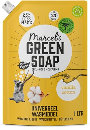 Marcel's Green Soap Universalwaschmittel Nachfüllpack Vanille & Baumwolle – 1 L Refill (23 Waschgänge) – vegan, palmölfrei, mikroplastikfrei – gegen Flecken, ab 20 °C – spart 56% Plastik