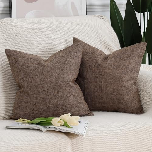 Madizz 2er Set Faux Leinen Kissenbezügen Weich Dekorative Kissenabdeckung für Sofa Schlafzimmer Kissenhülle Dunkelbraun 50x50 cm Quadrat