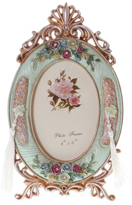 BM-504 rosor dekor barock romantisk vintage lantlig stil mynta grön guld oval fotoram dekoration fotostorlek 10 x 15 cm (4 x 6 tum)
