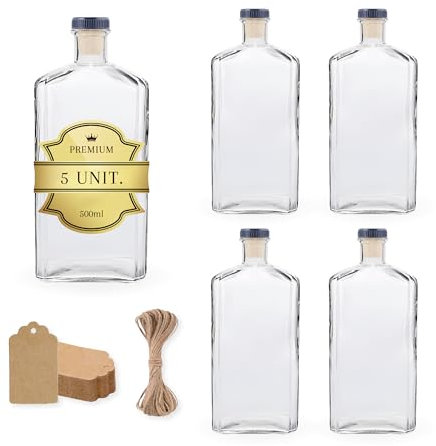 5 botellas de lujo de cristal de 500 ml con tapones encapsulados plateados + 5 etiquetas Kraft + cuerda – Elegancia y modernidad para bebidas, ron, whiskey, licor y preparaciones artesanales