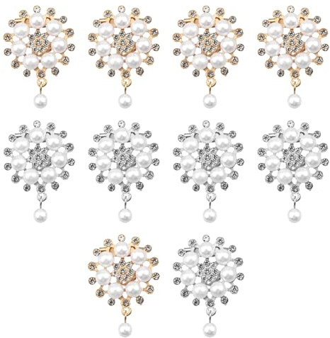 CENPEK Decorazione con strass e perle Spilla rotonda alla moda 10 spille con fiori di perle dorate + 10 spille con fiori di perle dorate per accessori per decorare vestiti, borse e regali