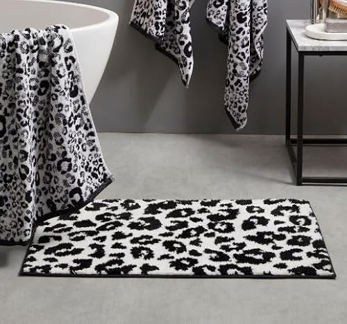 Fusion - Black White Animal Print Bath Mat (50 x 80cm) - 100% Cotton - Super Soft - Cheetah/Leopard Paw Print - Safari Zoo Animal Bathroom Mat - Absorbent Bath Mat - Bathroom Accessory