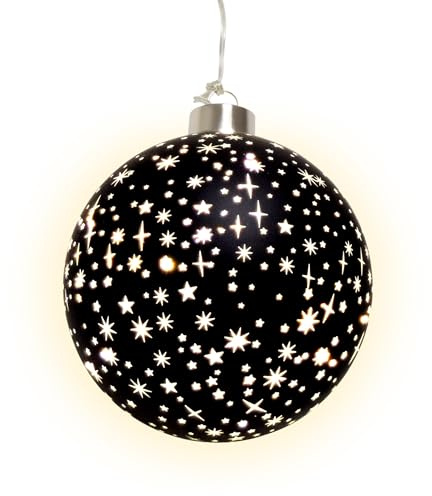 Spetebo LED-julglasboll, stjärnor, svart, matt med timer – 12 cm – dekorativ kula, varm, vit, upplyst, batteridriven, advent vinter, stämningsljus, julgransboll, ädel elegant