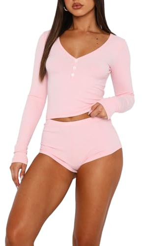 LACOZY Pigiama da donna 2 pezzi sexy PJ pantaloncini Y2k scollo a V manica lunga crop top lounge set pigiama con bottoni, rosa, S