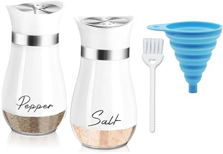 Salt and Pepper Shakers,4 Pcs Salt and Pepper Set,2 Glass Bottom Pepper Shaker with Stainless Steel Lid,1 Small Brush and 1 Funne,Condiment Set for Home, Dining Table, Kitchen, Restaurant(White)
