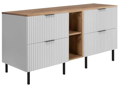 3E 3xE living.com Badezimmerschrank, Weiß/Eiche Craft + schwarzer Griff, 140 x 77 x 46 cm