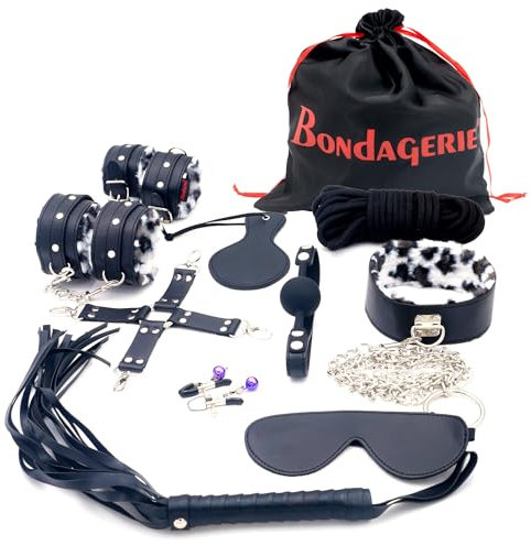 BONDAGERIE® Kit Accessori completo 10 Pezzi per Coppia con GàgBall in SIlicone, Manette, Corda, Collare, Guinzaglio, Frustino Flogger, per donna uomo hot
