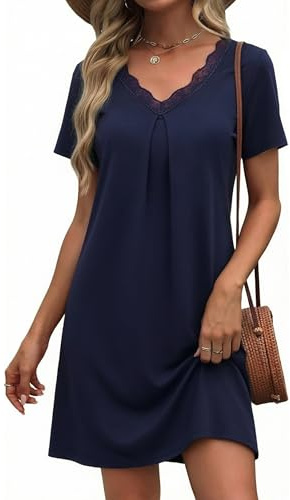 Litherday Vestito Casa Donna Estivo Cotone Camicia da Notte Donna con Pizzo V Collo Tinta Unita Bu Scuro XXL