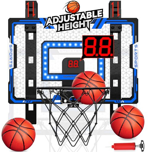 Indoor Basketball Hoop for Kids, Adjustable Height Basketball Hoop Over The Door with LED Light/Scoreboard/3 Balls, Mini Basketball Hoop Birthday Gifts for Boys Ages 4 5 6 7 8 9 10 11 12+