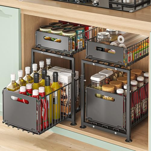 KATLKIU Set di 2 Organizer Sottolavello con Cassetti Estraibili – Scaffale da Cucina Regolabile in Altezza in Acciaio al Carbonio, Stabile e Antiscivolo, Portaoggetti per Cucina, Bagno e Dispensa